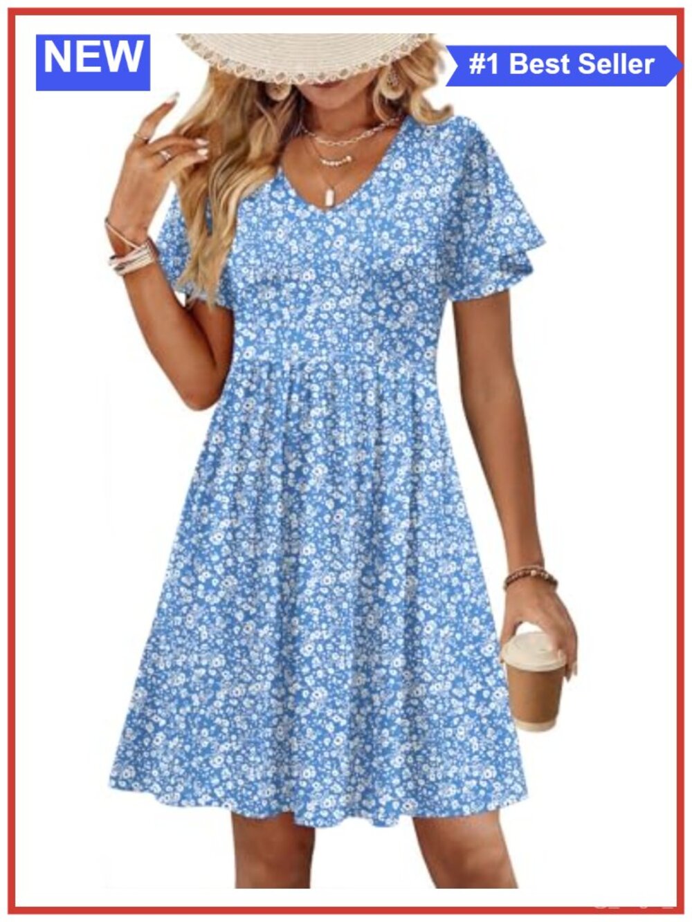 Women's Casual A-Line Swing Dress with Pockets and Ruffled Short Sleeves Floral